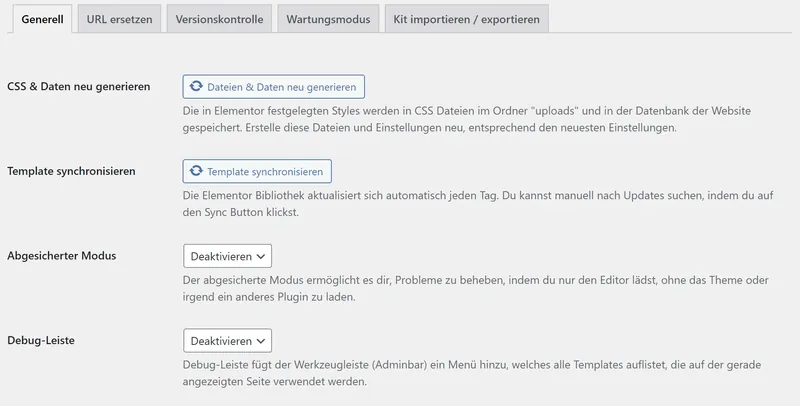 Elementor Probleme Update CSS neu generieren Template synchronisieren Einstellungen