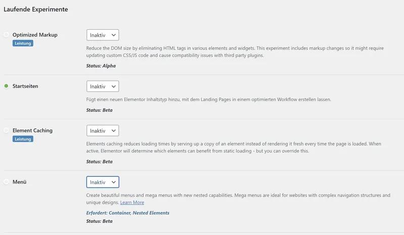 Elementor Update Probleme Laufende Experimente Inaktiv Screenshot